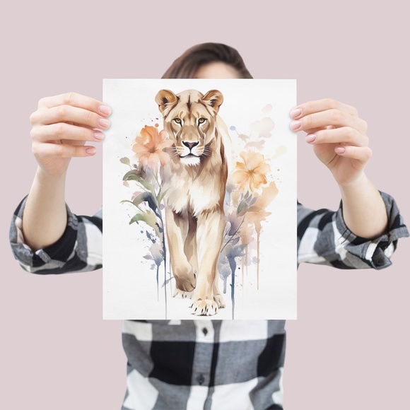 Watercolor Lioness With Flowers Portrait Wall Art Illustration Print Unframed - Picture 4 of 5